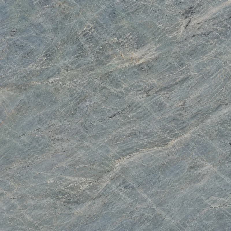 Visualización de material con IA de la cuarcita Ijen Blue con movimiento geológico azul verdoso, azul grisáceo, crema y gris.. Visualización de diseño con IA.