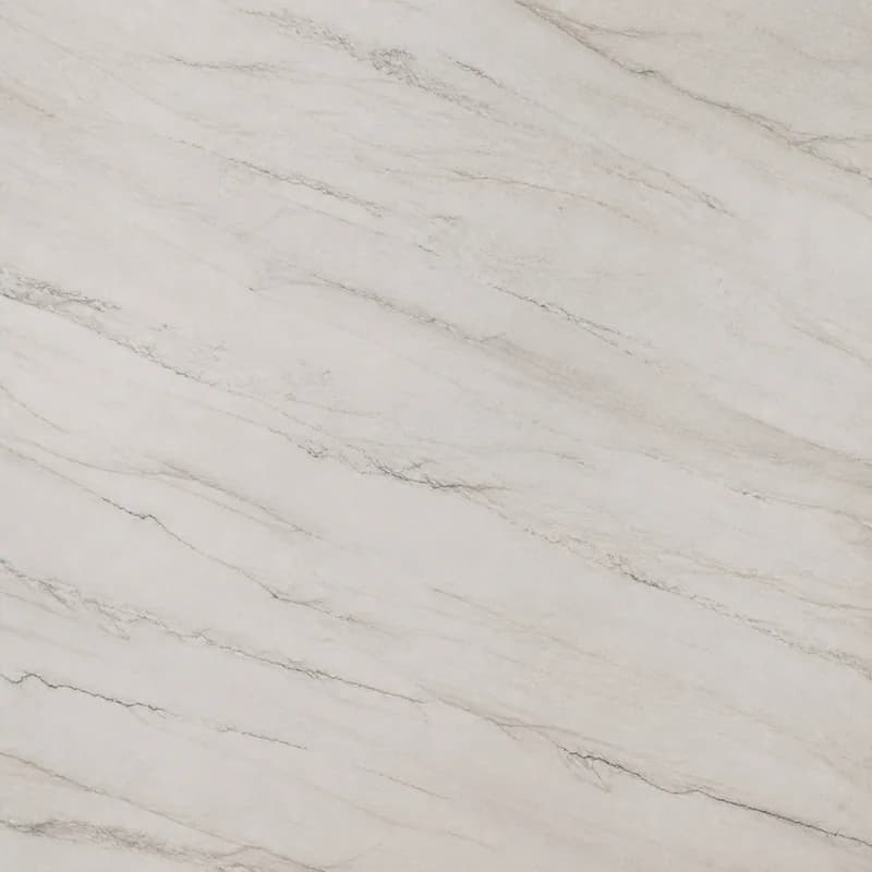 Visualización de material con IA de la cuarcita Mont Blanc con campo blanco grisáceo pálido y movimiento gris en capas largas.. Visualización de diseño con IA.