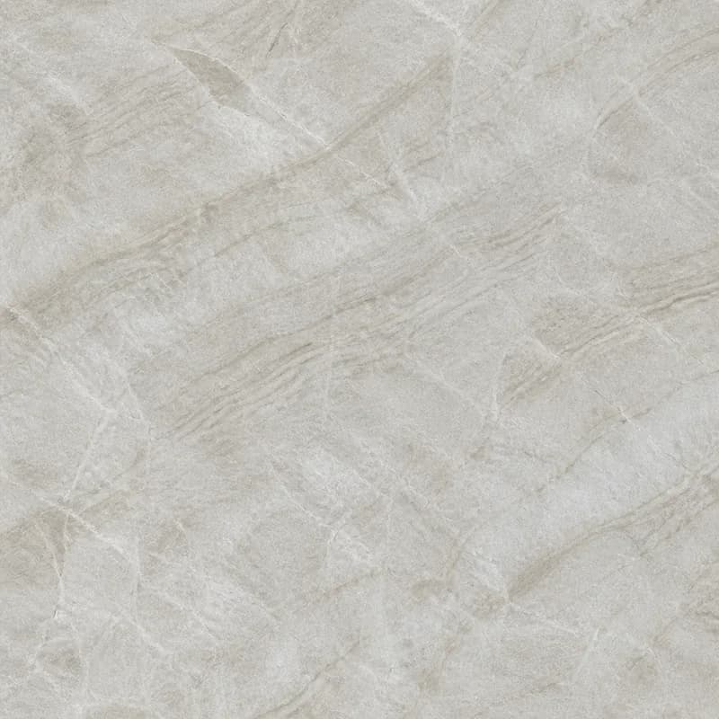 Visualización de material con IA de la cuarcita Perla Venata con campo beige cremoso y vetas lineales discretas en taupe y gris.. Visualización de diseño con IA.