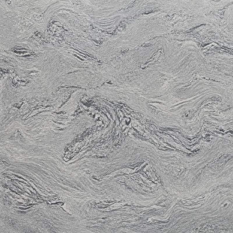 Visualización de material con IA del granito Viscount White con movimiento mineral fluido en blanco, gris plateado y carbón.. Visualización de diseño con IA.