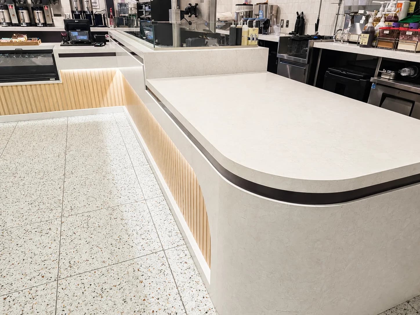 Terrazzo service counter with rounded corners