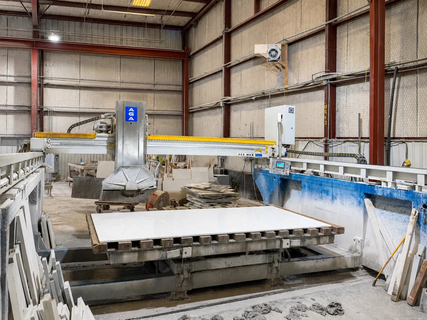Precision slab cutting inside the Candys fabrication shop in Garland.