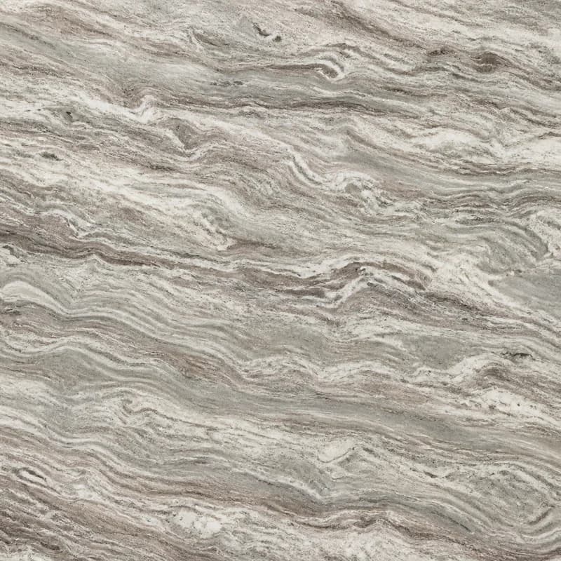 Visualización de material con IA del mármol Fantasy Brown con movimiento fluido en capas crema, taupe y gris.. Visualización de diseño con IA.