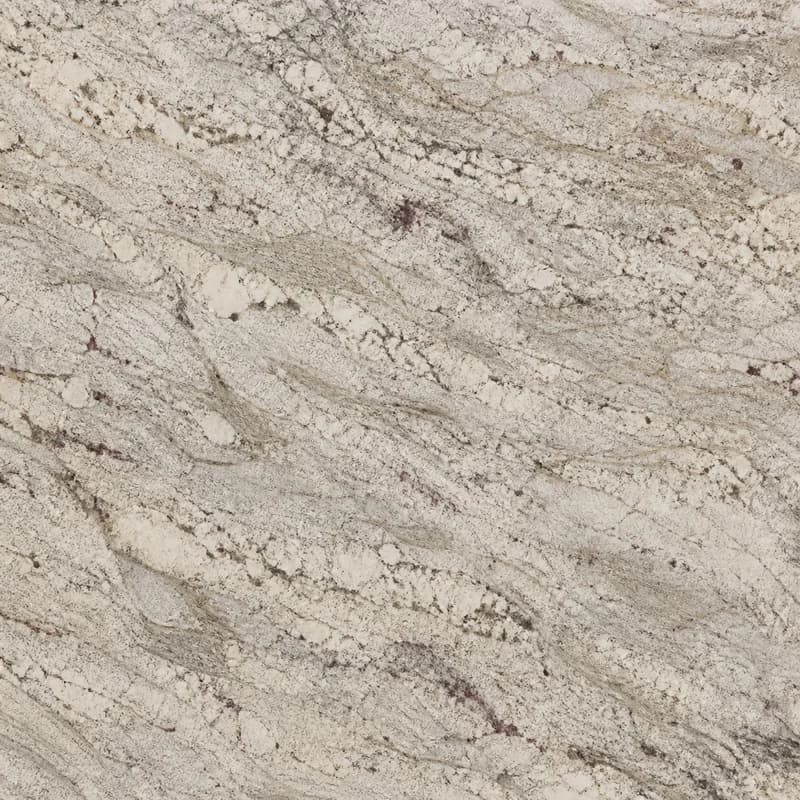 Visualización de material con IA del granito Typhoon Bordeaux con campo crema, movimiento gris y taupe, y acentos borgoña dispersos.. Visualización de diseño con IA.